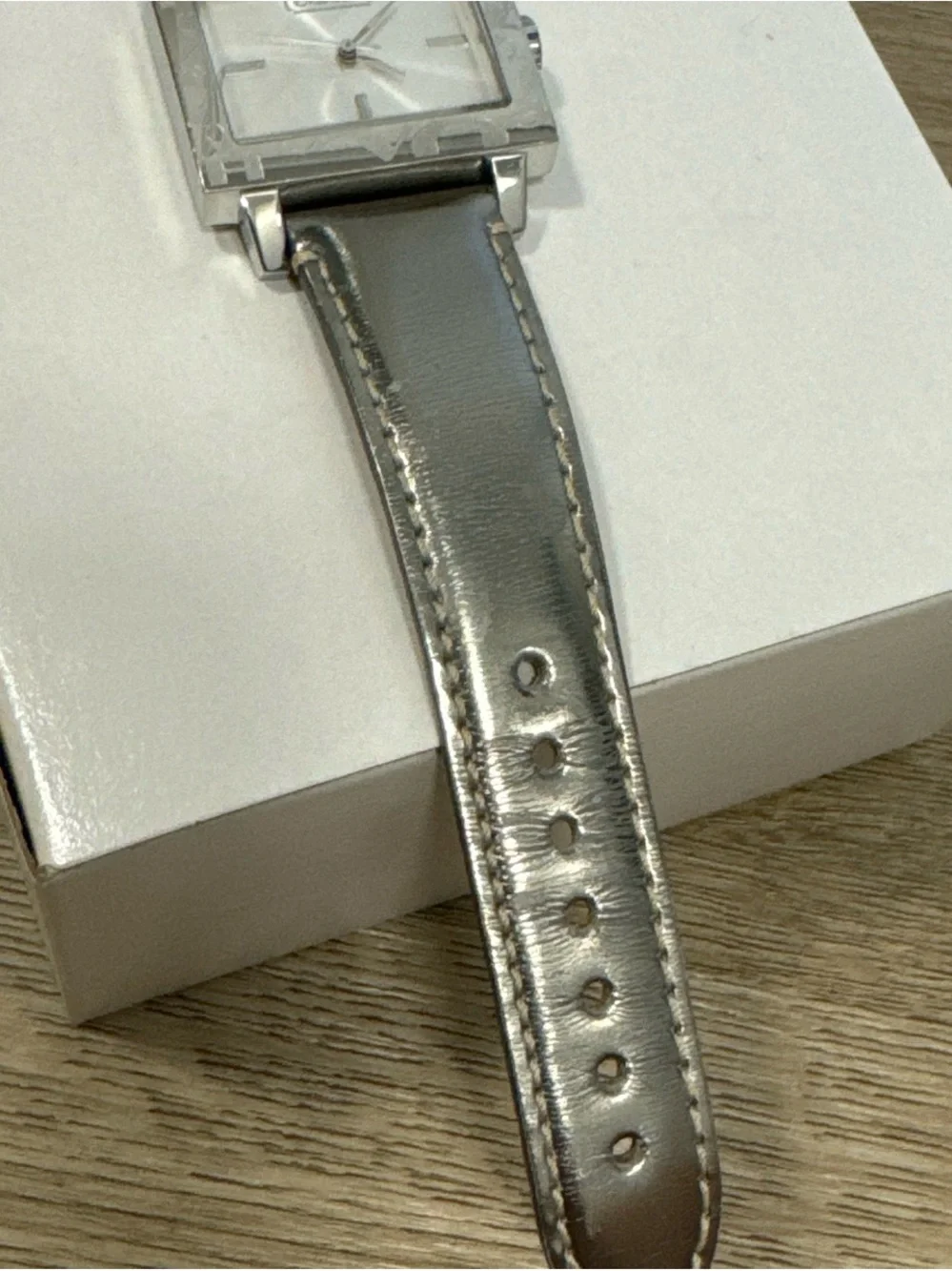 Coach Silver-Tone Square Dial Leather Strap Watch
